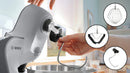 Attaching the dough hook to the Bosch MUM58359; callouts show the whisk, flexi beater and dough hook tool options.