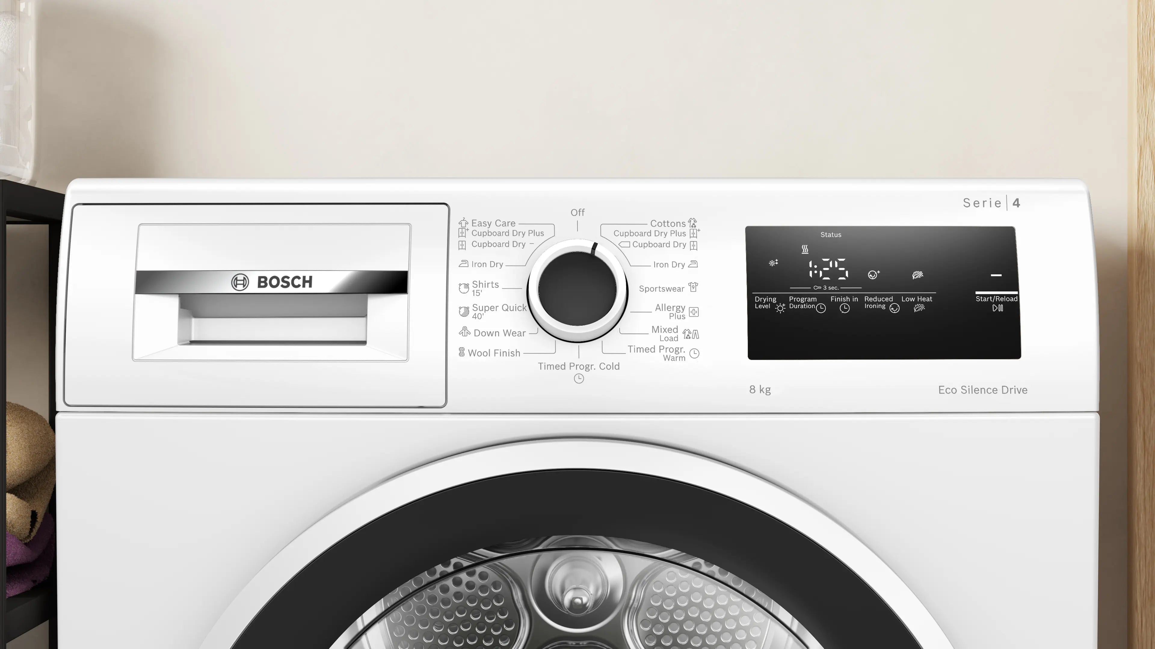 Bosch WTN86211ME white condenser tumble dryer, angled front view