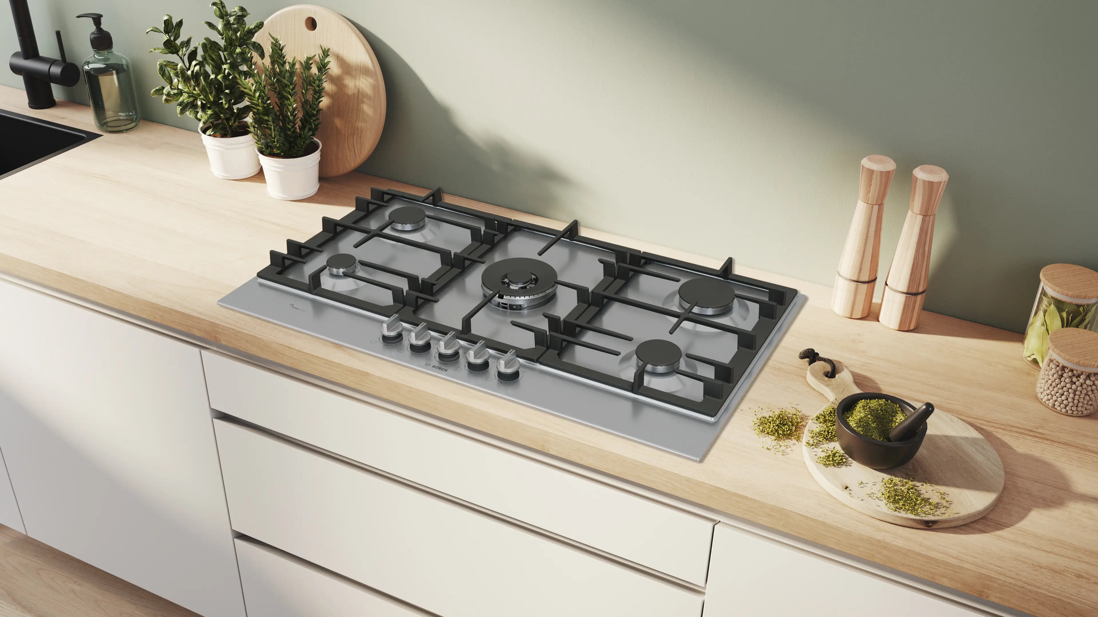 Bosch PCR9A5I90M stainless steel gas hob with front-mounted control knobs
