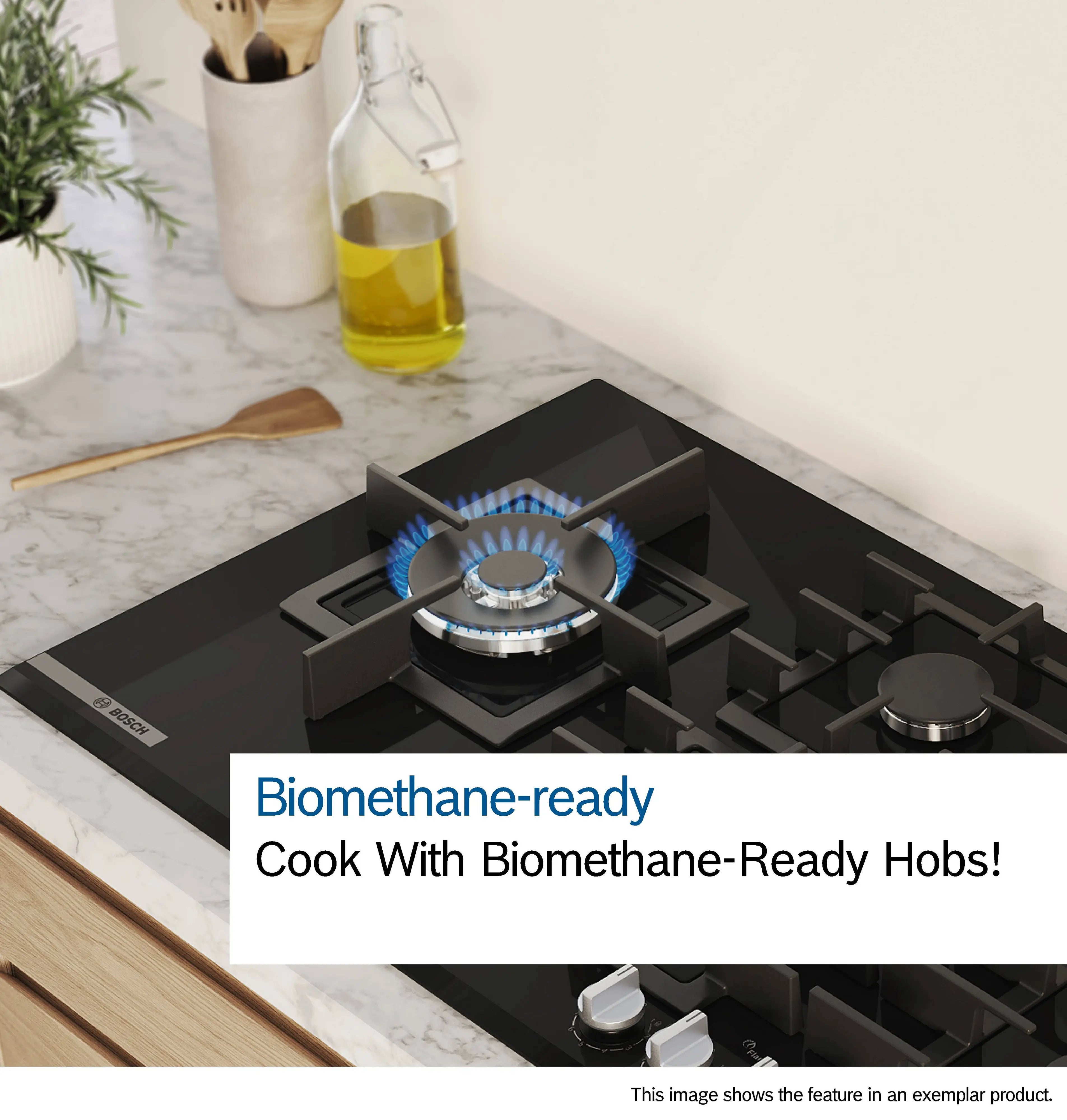 Bosch PPM9A6I40 biomethane-ready gas hob feature graphic