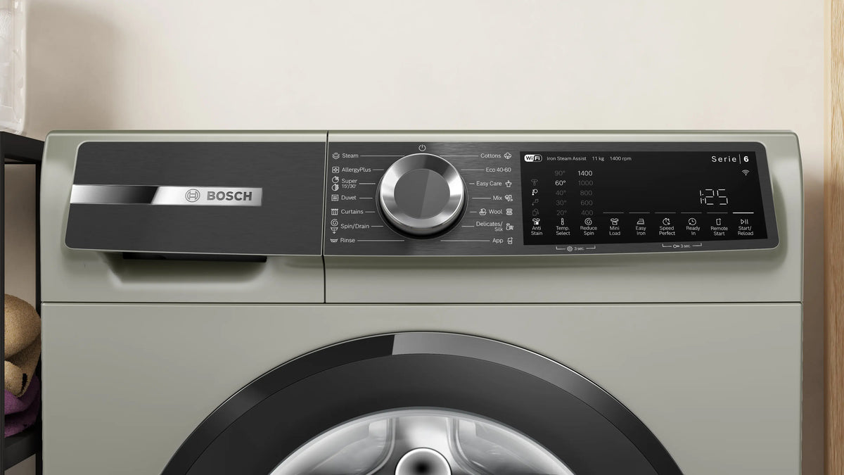 Bosch WGK264ZXME Silver Inox washing machine control panel and programme selector view