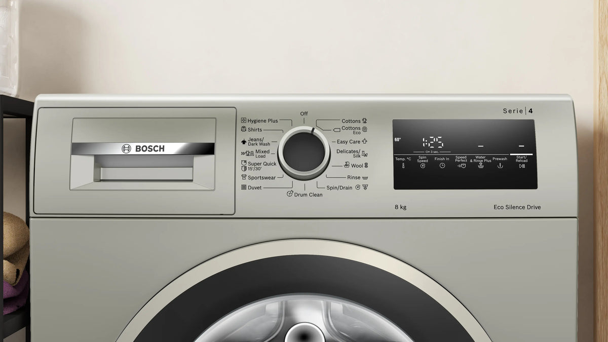 Bosch WAN2821XME silver inox front-load washing machine, product view showing the circular door and upper controls