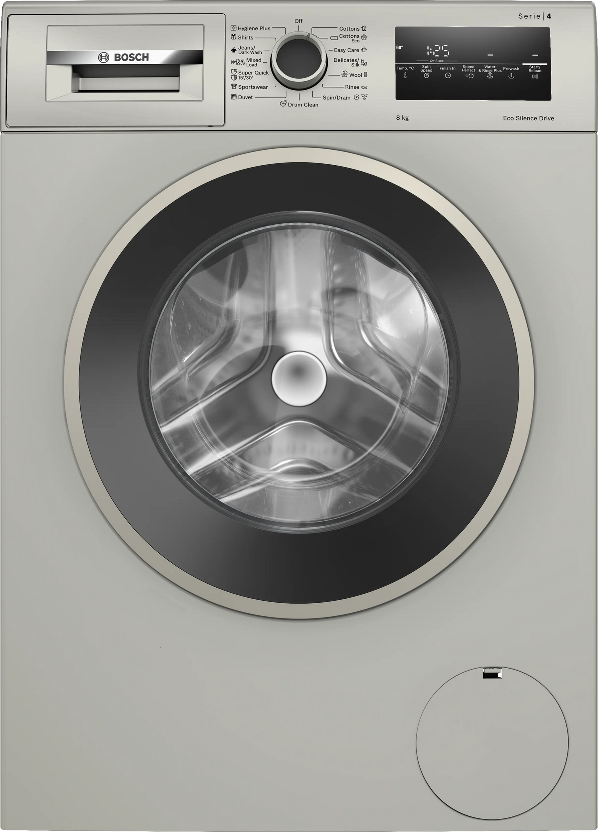 Bosch WAN2821XME Series 4 silver inox washing machine, front view with round door, detergent drawer and digital controls