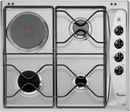 Stainless steel gas cooktop with four burners and control knobs on a Whirlpool branded stove. 
