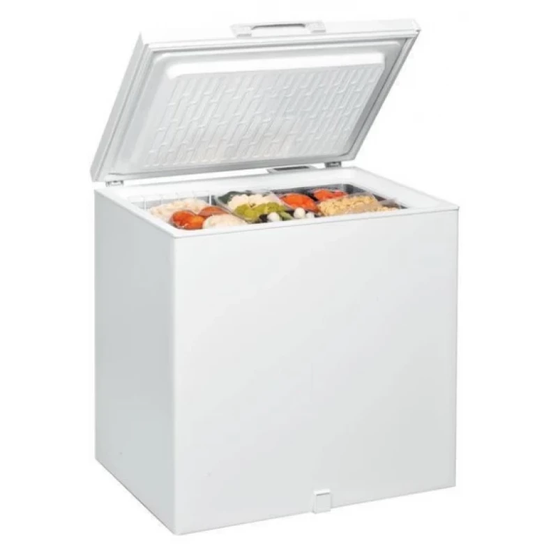 White chest freezer with open door showing various food items on a white background