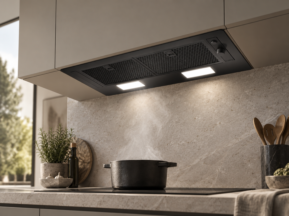 Elica ERA S BL/A/72 built-in hood in a warm modern kitchen in action