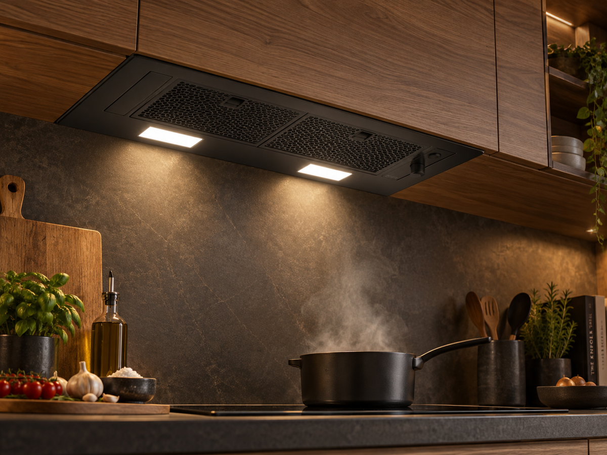 Elica ERA S BL/A/72 built-in hood in a warm walnut kitchen above a cooktop