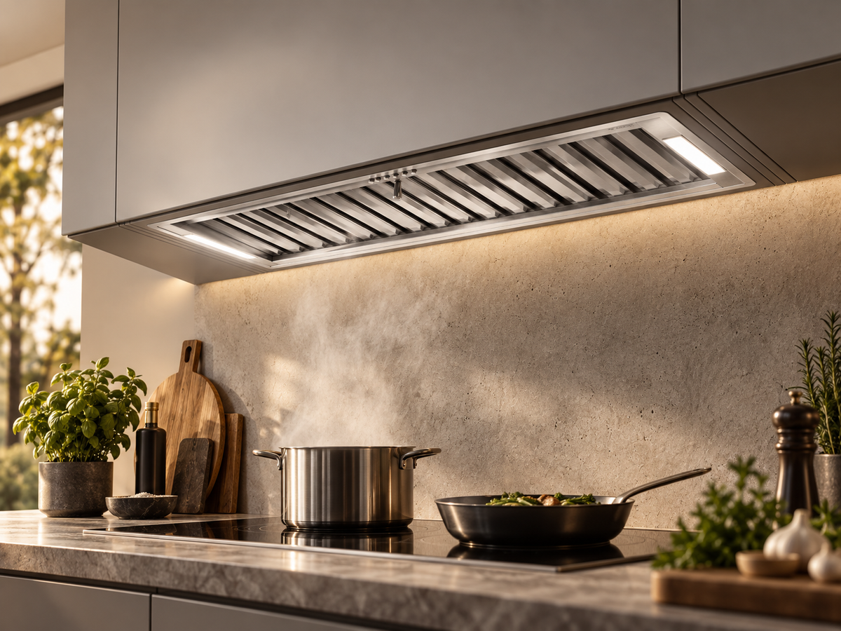 Elica CT35 PRO IX/A/120 built-in hood 120 cm stainless steel angled installed view with LED lighting