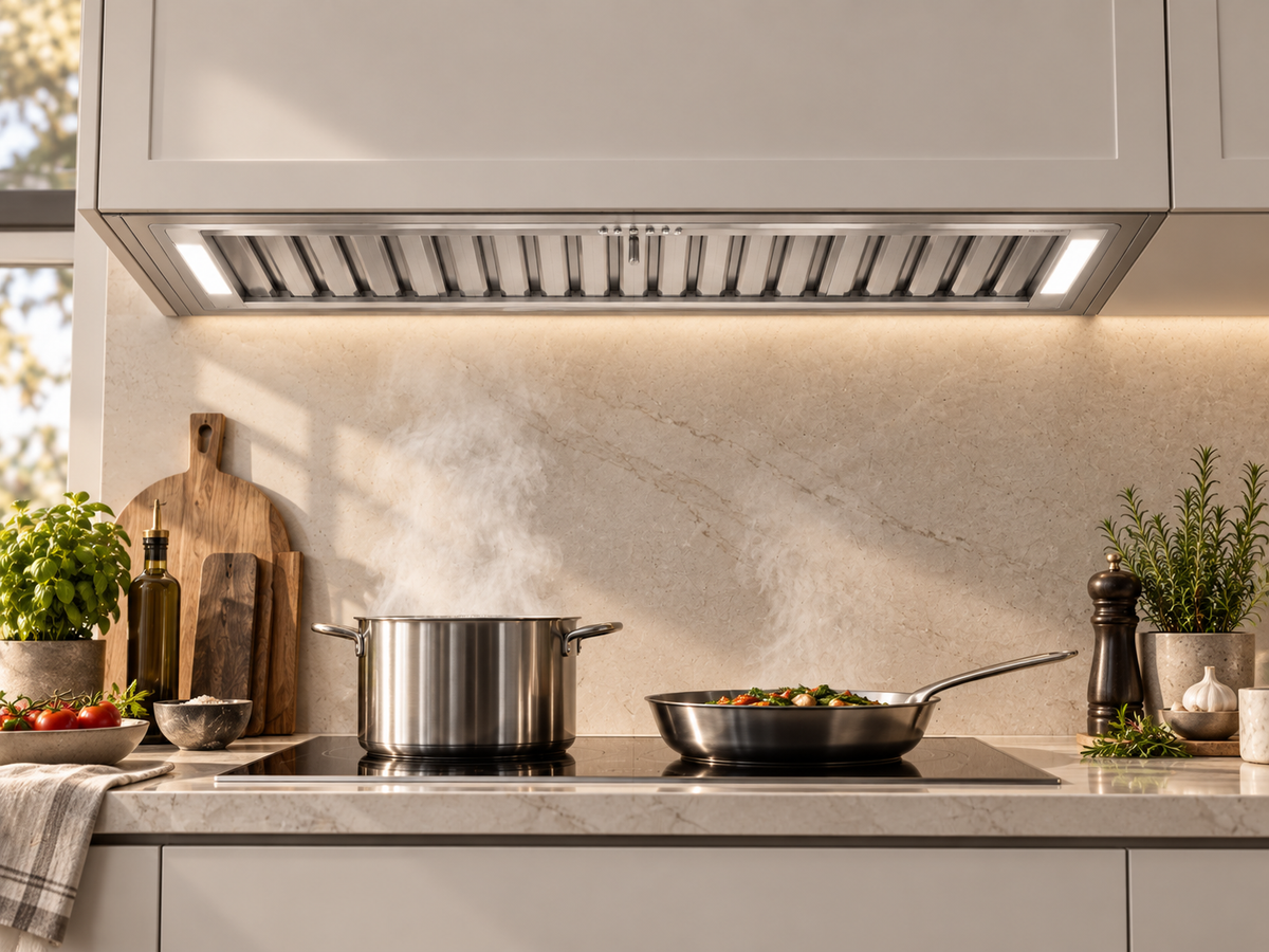 Elica CT35 PRO IX/A/120 built-in hood in a warm modern kitchen with stainless hood above the cooktop