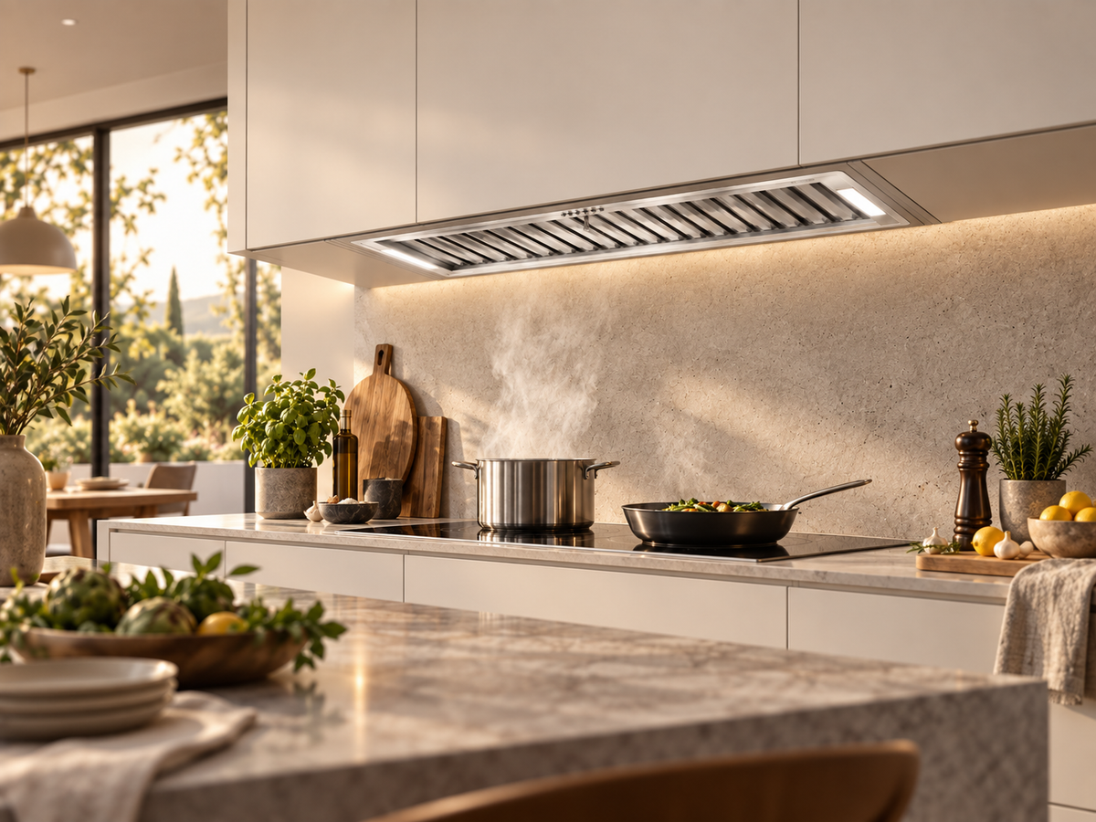 Elica CT35 PRO IX/A/120 built-in hood in a warm modern kitchen with steaming cookware