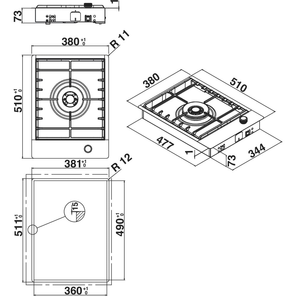 موقد غاز مدمج KITCHENAID KHDP1 38510 مقاس 38 سم - شعلات ووك من الستانلس ستيل