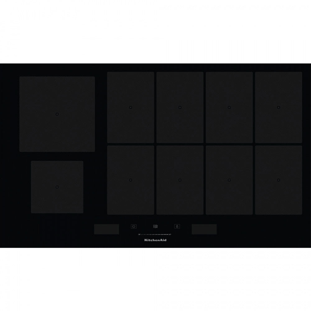 KitchenAid KHIAF 10900 90cm Built-In Induction Hob — Black Glass IxelliumBlack built-in oven with digital display on a white background
