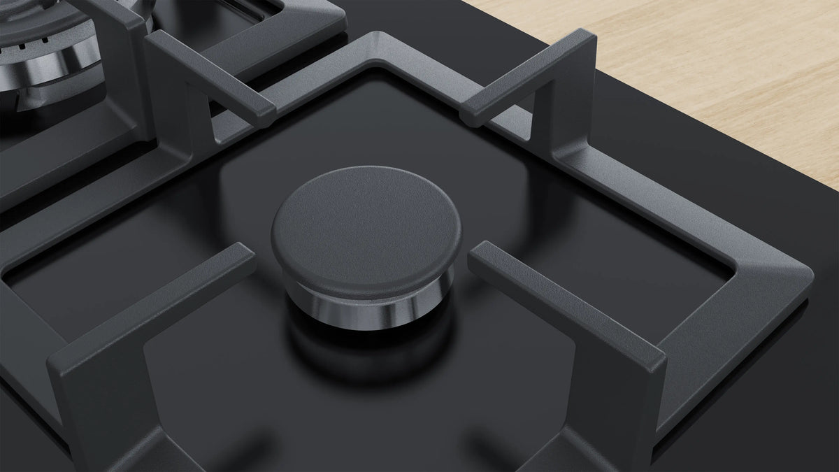 Bosch FlameSelect gas hob control and tempered-glass surface detail
