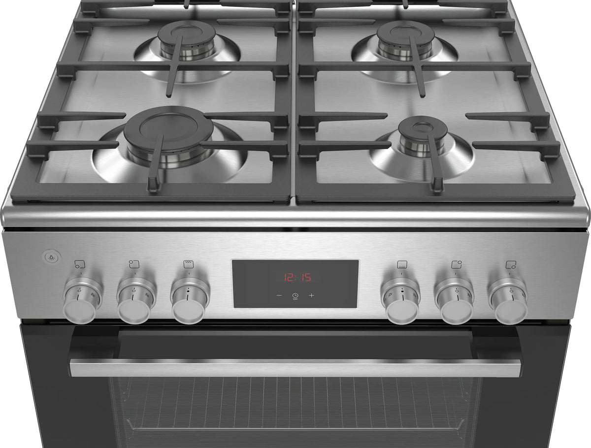 Bosch HGB330E51Q Series 4 gas cooker stainless steel product detail showing cooktop controls and oven design