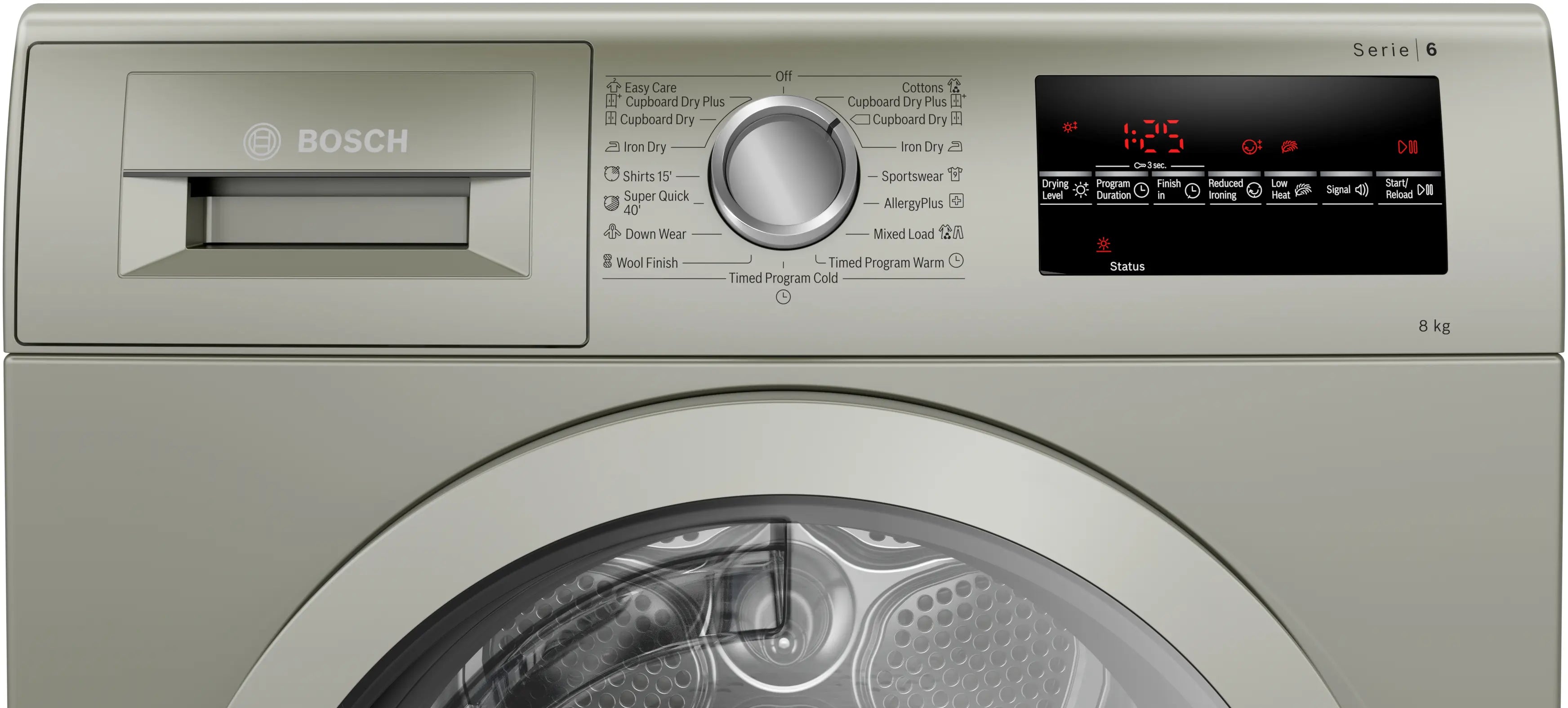 Bosch WTG8641XME condenser tumble dryer in silver inox - angled front view