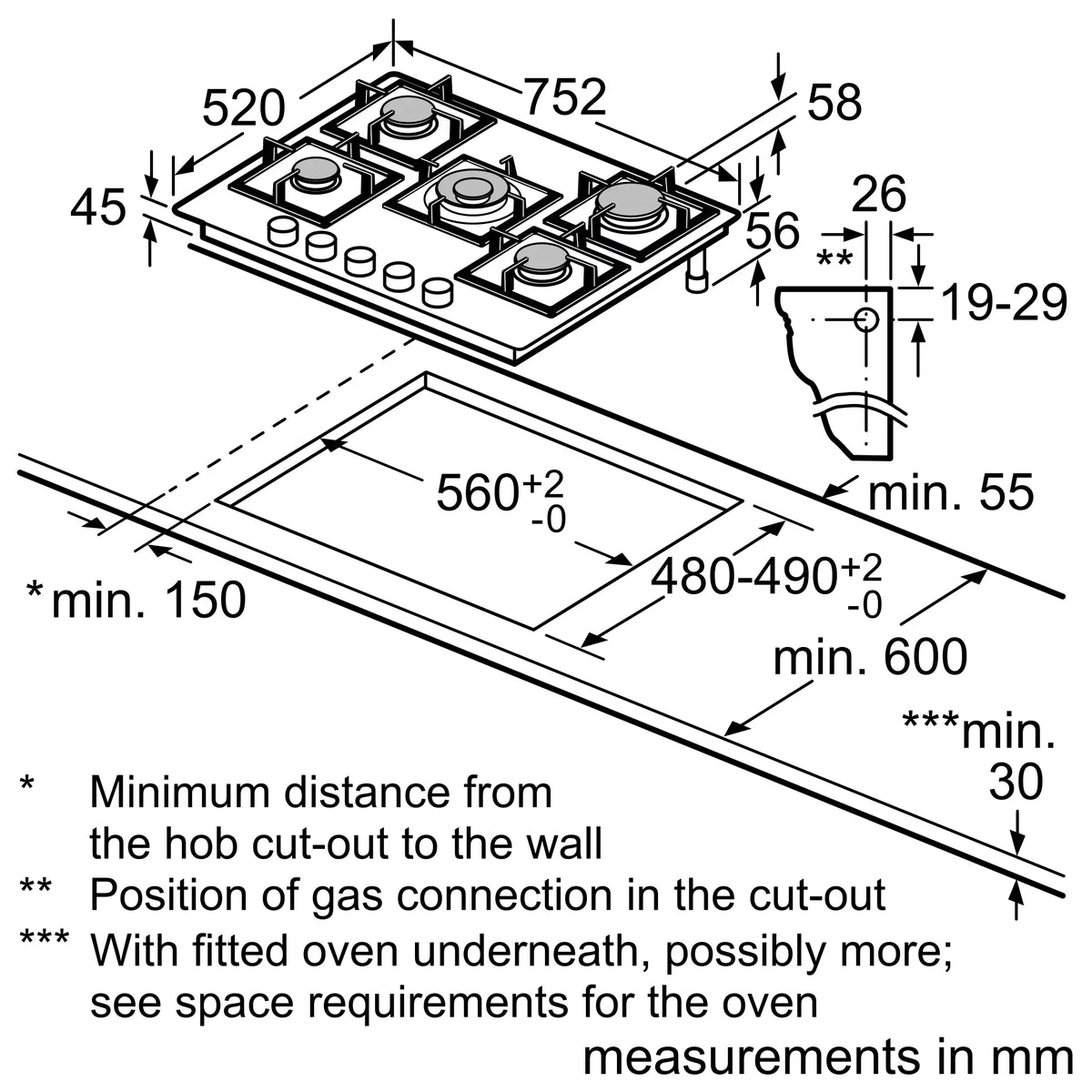 Bosch gas hob built-in installation and tempered-glass design feature graphic