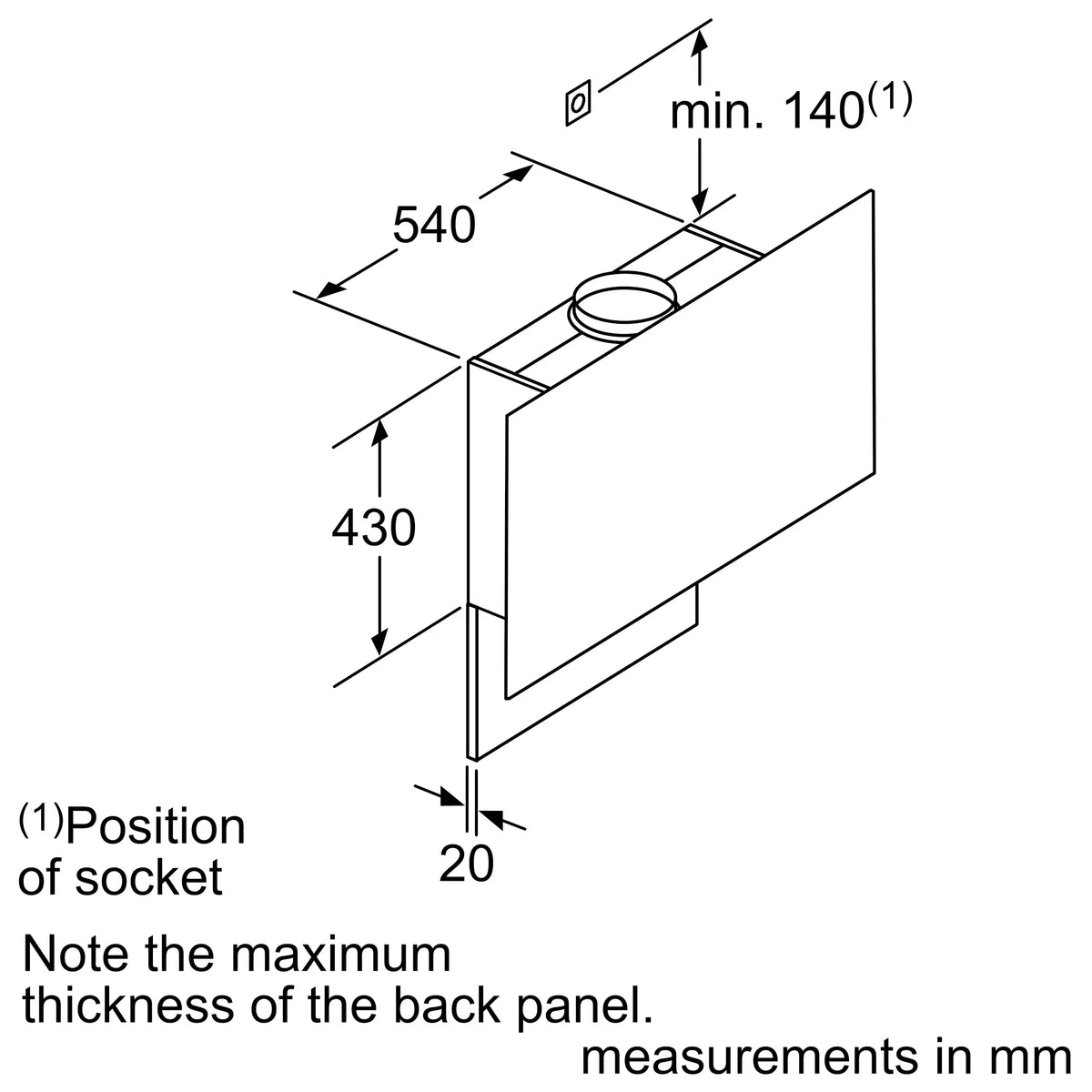 Bosch DWF97RU60 wall-mounted cooker hood installation and ventilation graphic