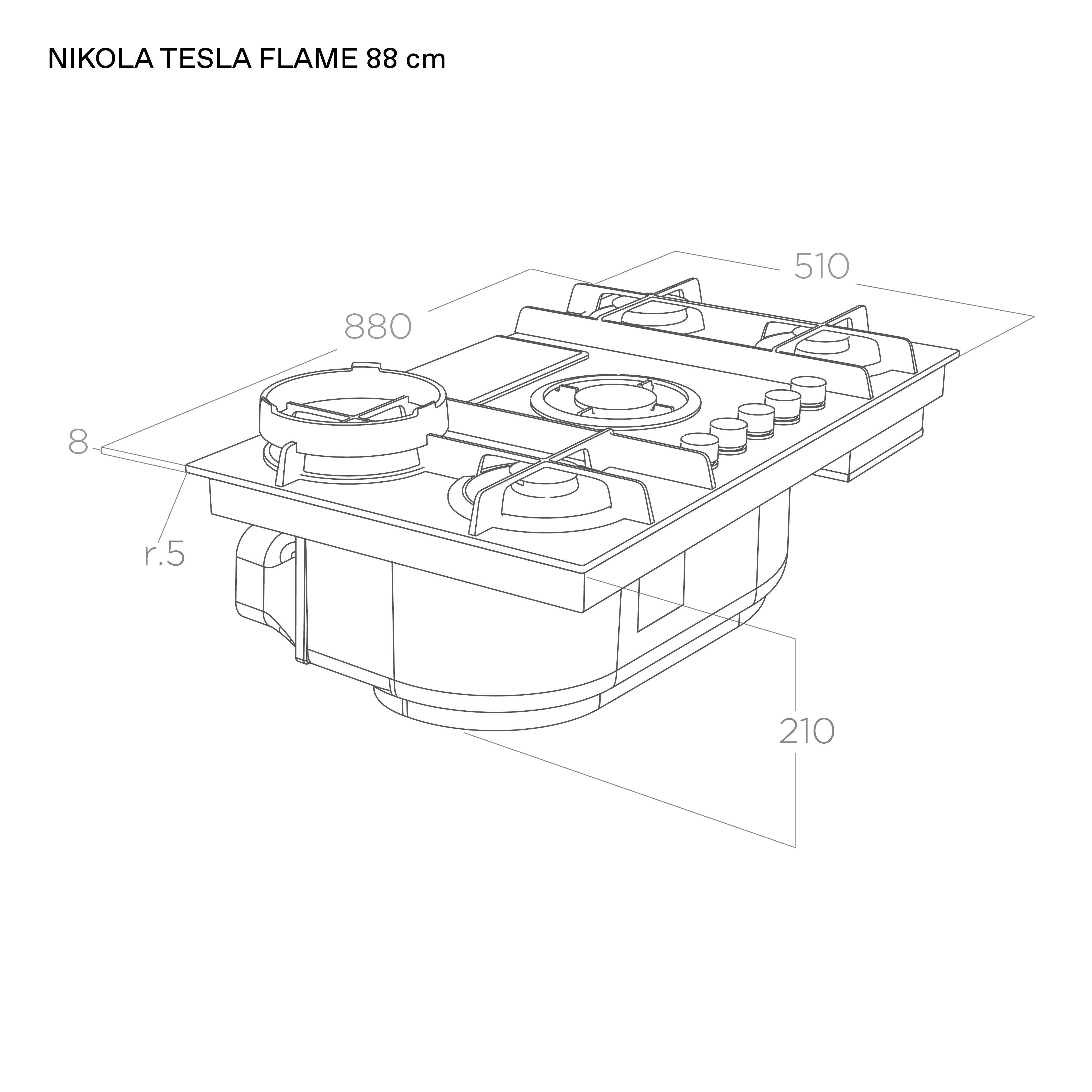 Elica NIKOLATESLA FLAME BL technical drawing and installation dimensions for the 90cm gas hob with integrated extractor in black glass.