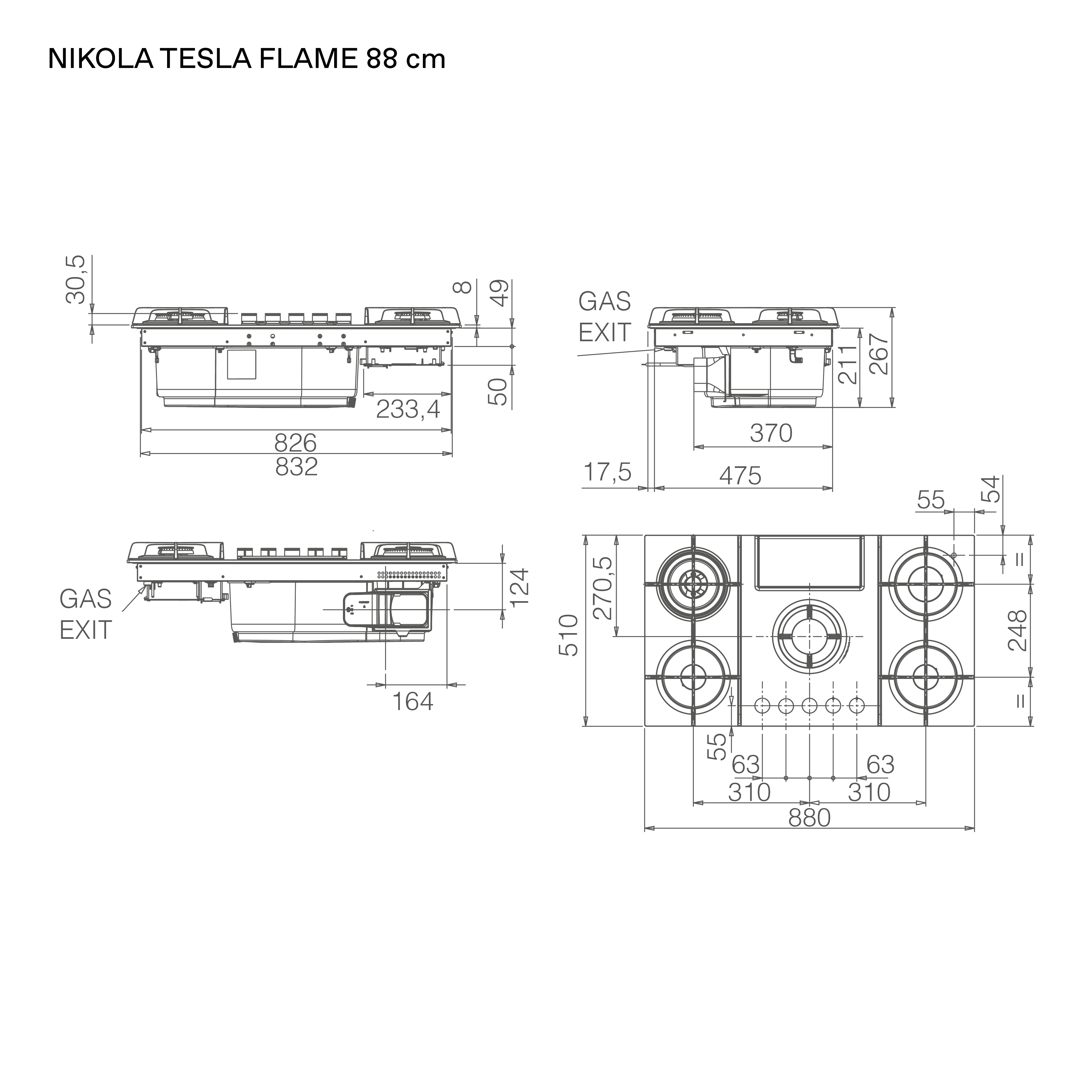 Elica NIKOLATESLA FLAME BL technical drawing and installation dimensions for the 90cm gas hob with integrated extractor in black glass.