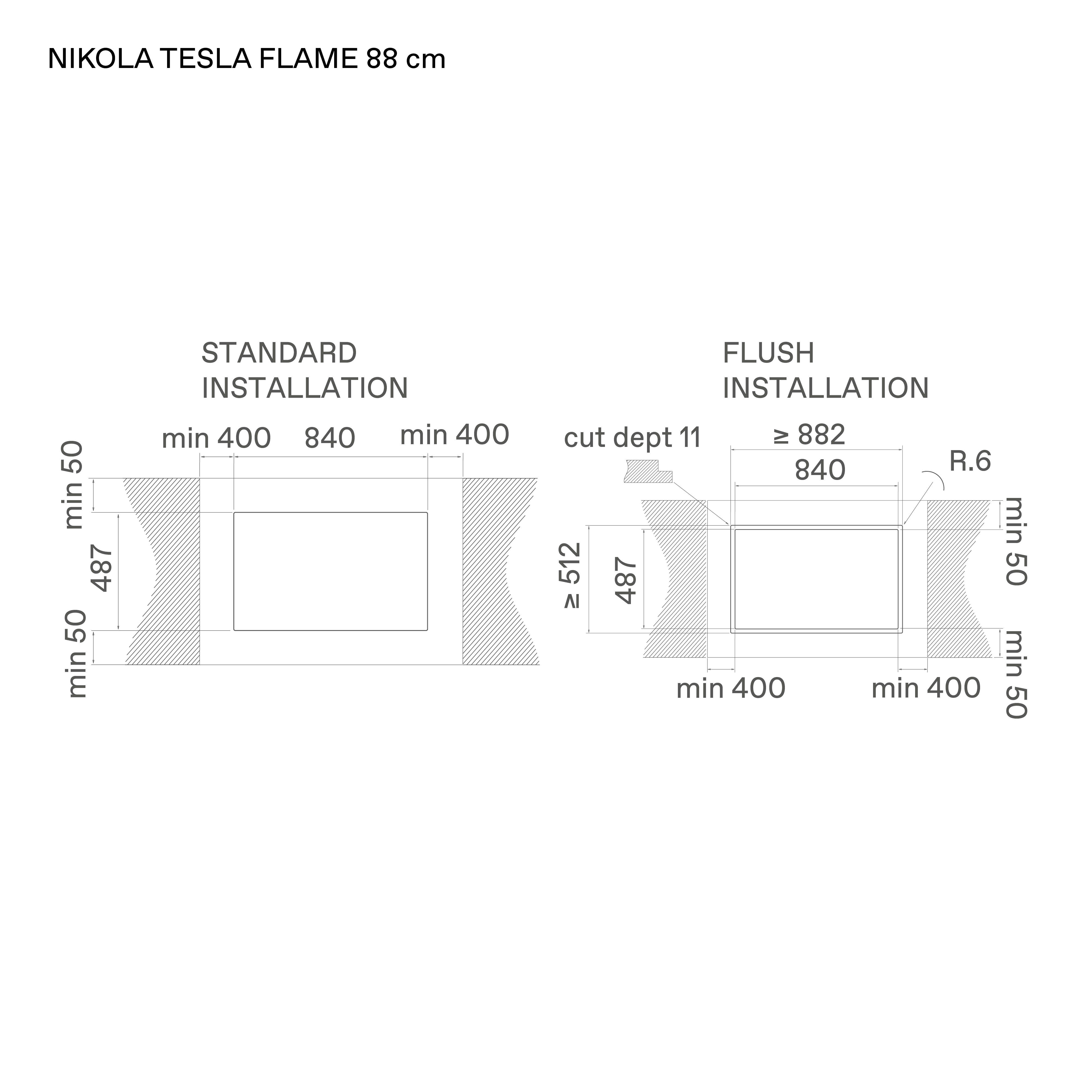 Elica NIKOLATESLA FLAME BL technical drawing and installation dimensions for the 90cm gas hob with integrated extractor in black glass.