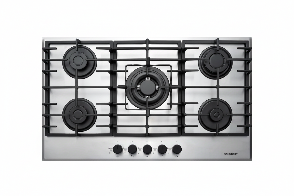 Stainless steel gas cooktop with five burners on a white background