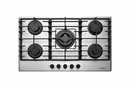 Stainless steel gas cooktop with five burners on a white background