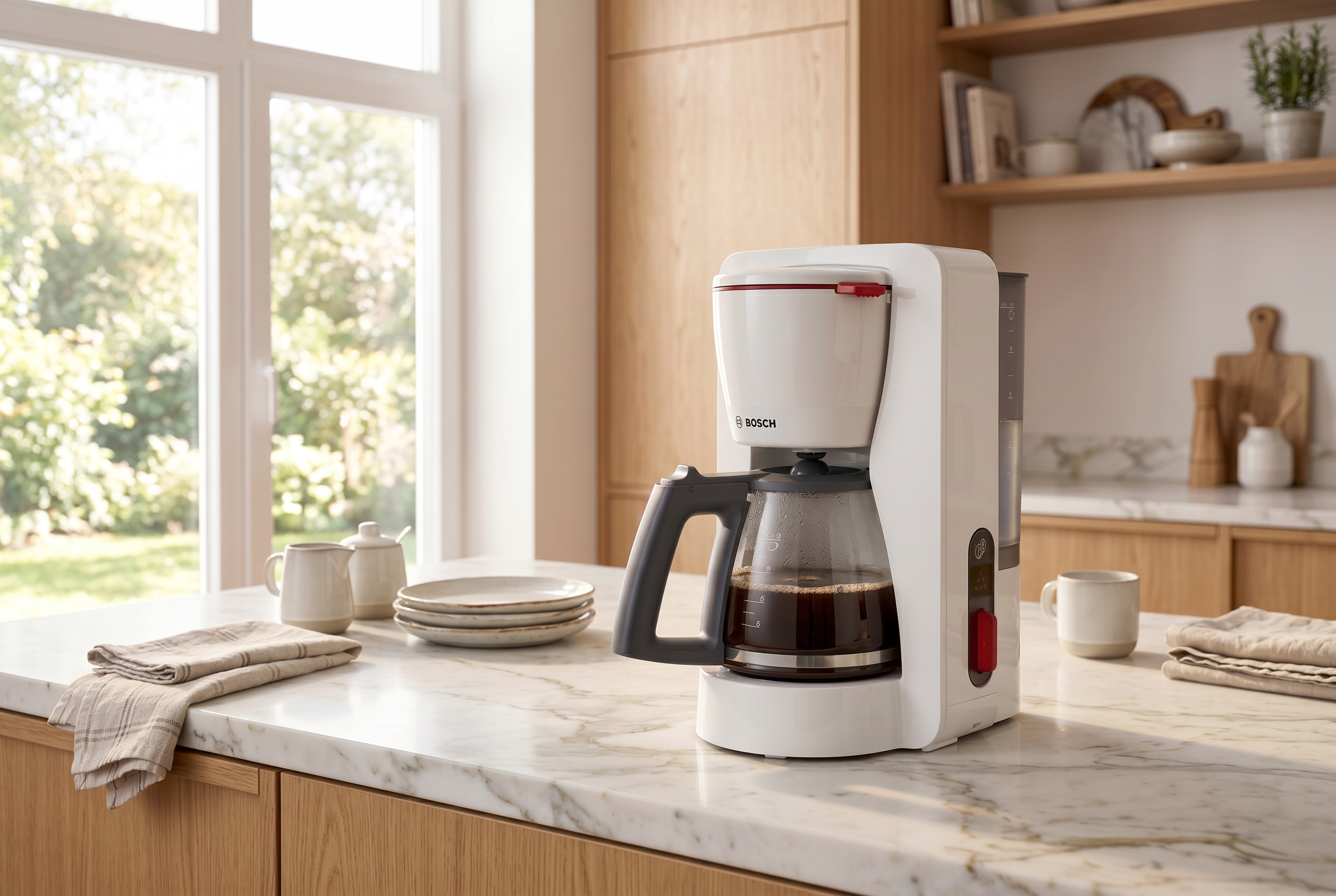 White coffee maker on a kitchen counter with a view of a garden through the window.