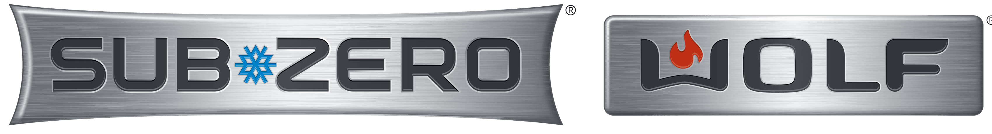 Two metallic logos for Sub-Zero and Wolf on a dark gray background