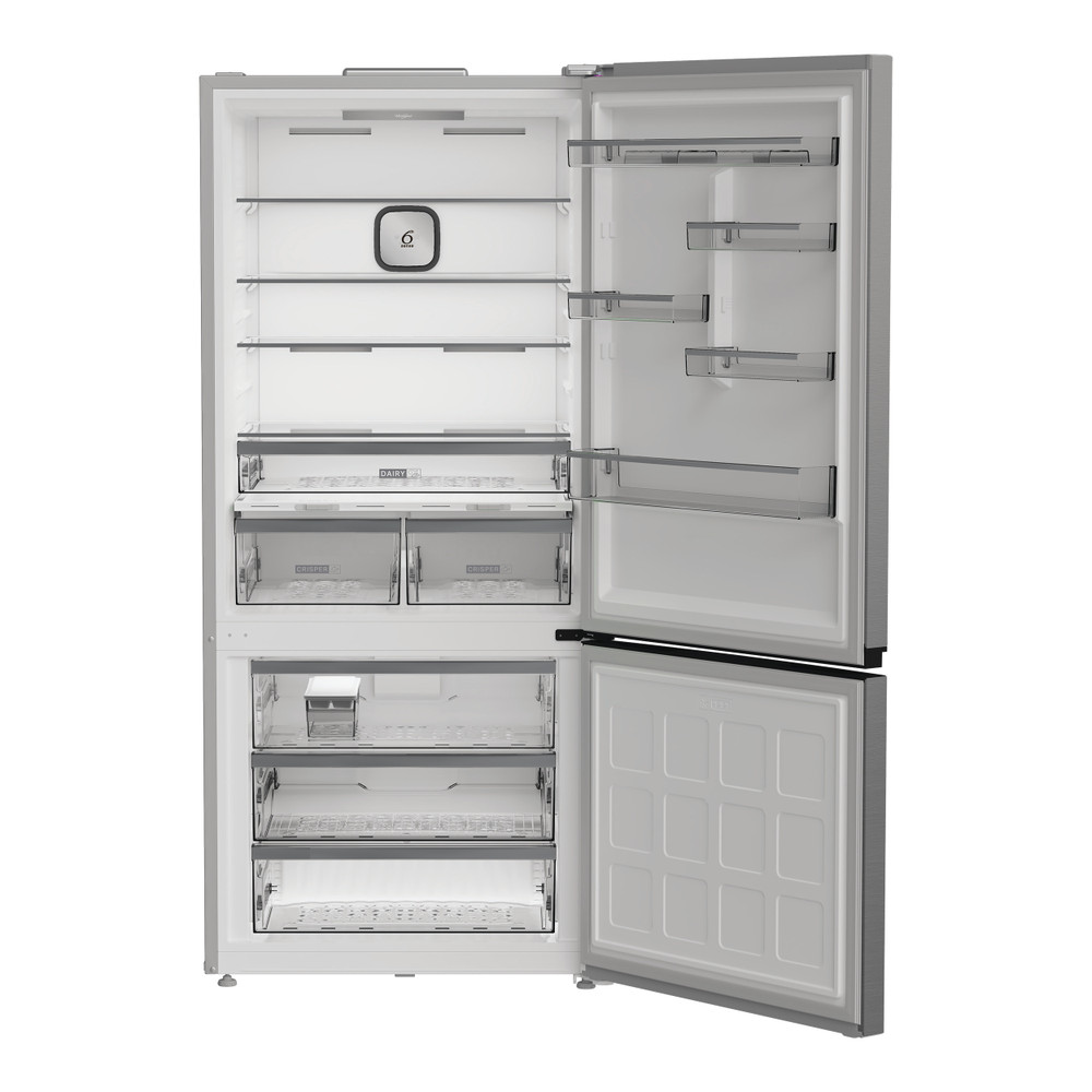 Whirlpool WBMF 836573 XNA Bottom Mount Fridge Freezer 83cm Inox - Angled View