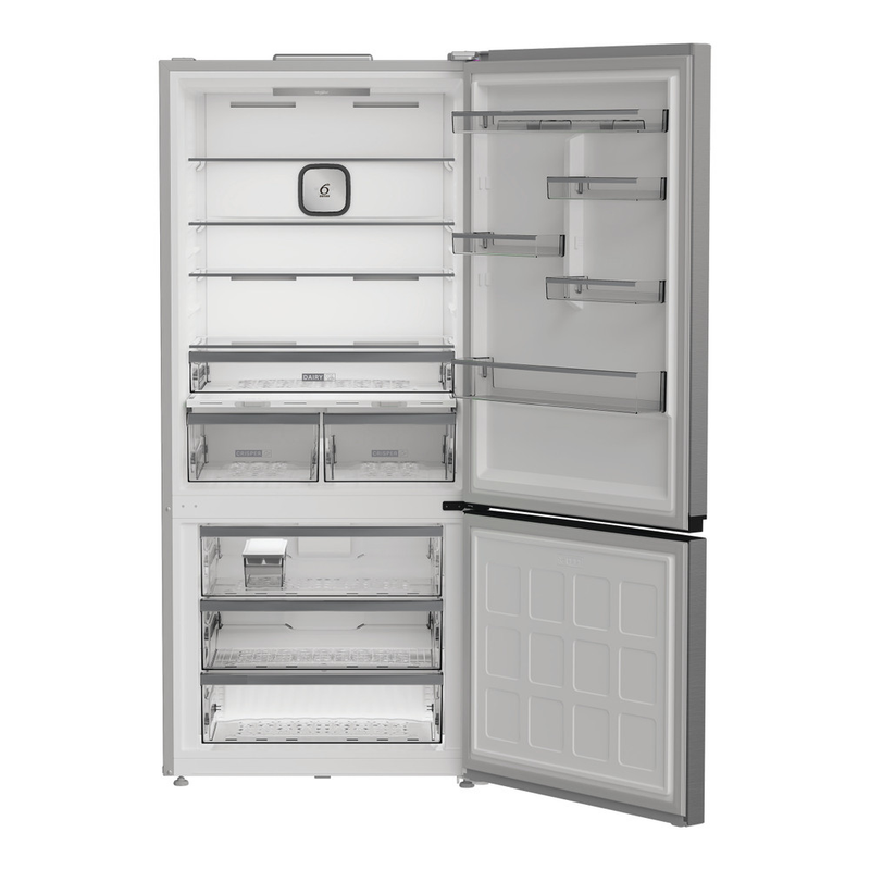 Stainless steel refrigerator with open doors on a white background