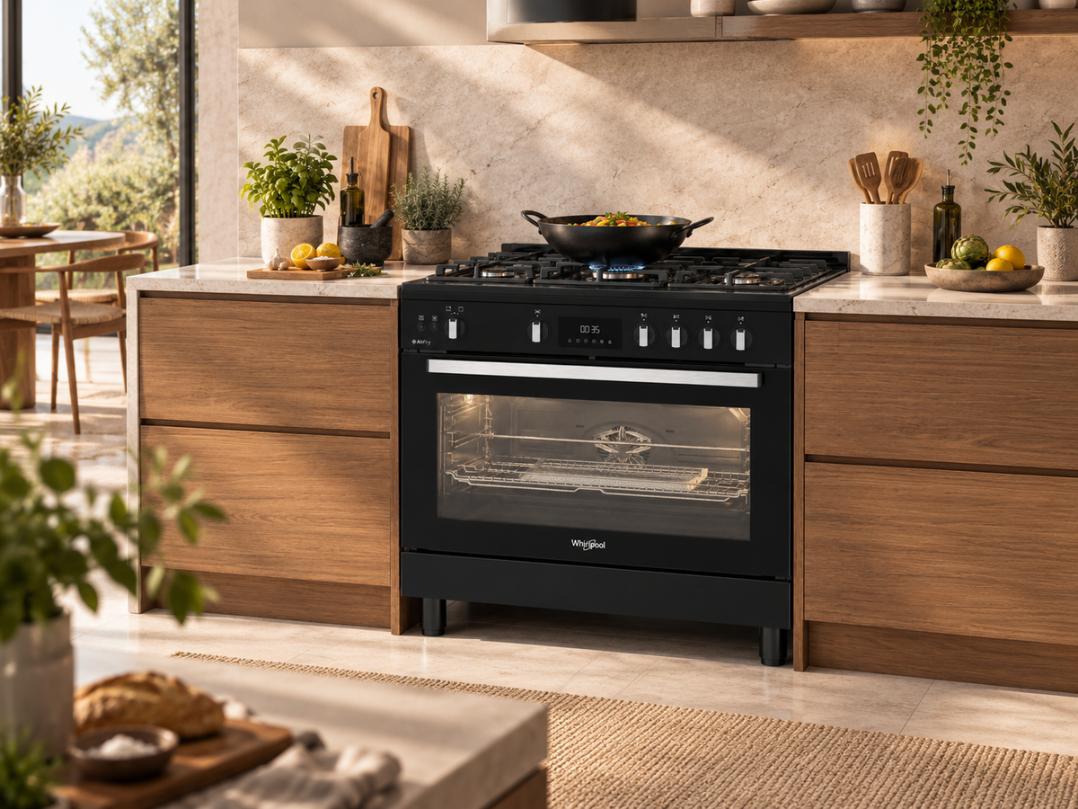 Whirlpool WR90 GGF 33229 BNA gas hob with wok burner cooking detail