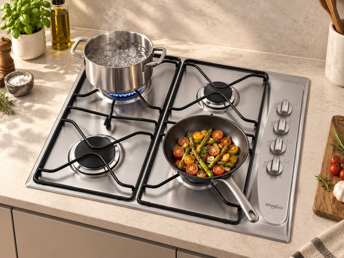 Whirlpool AKM 268/IX 60 cm stainless steel 4-burner built-in gas hob with boiling pot and sautéed vegetables in a modern kitchen.