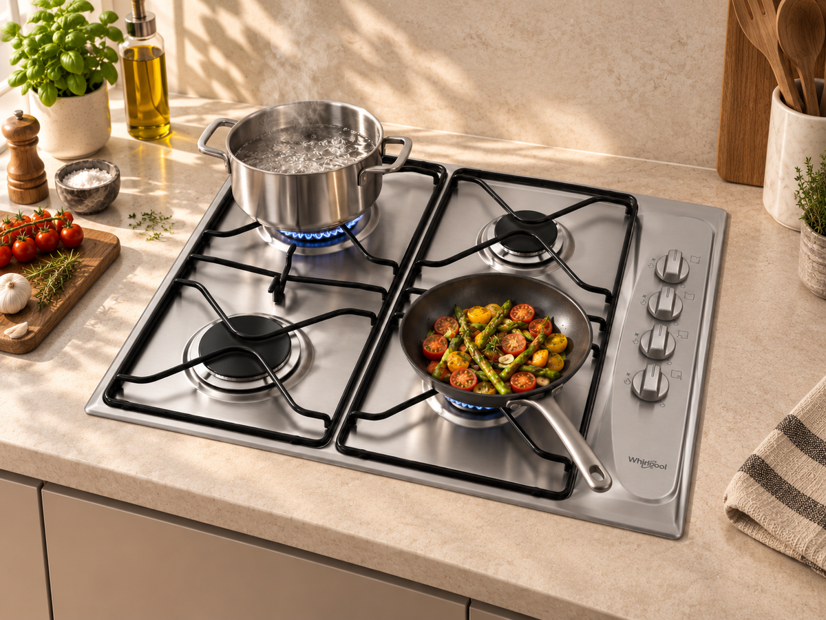 Sunlit Whirlpool AKM 268/IX built-in gas hob styled in a modern kitchen, featuring a stainless pot, a frying pan with vegetables, and countertop cooking accessories.