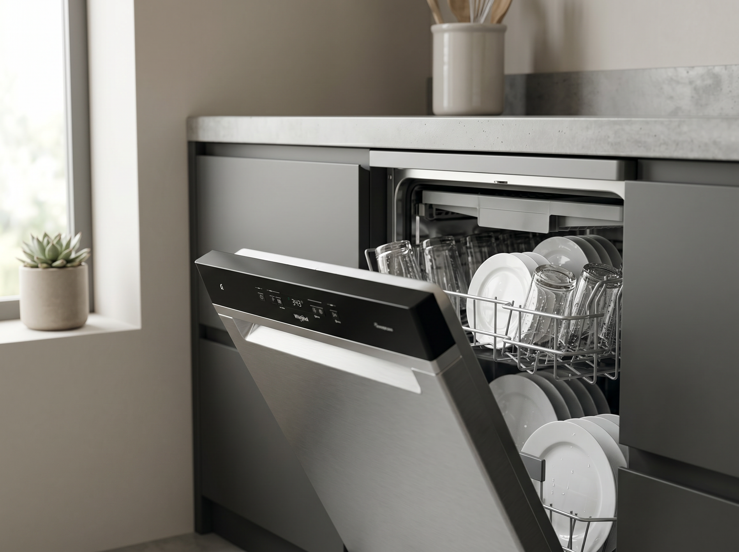Open dishwasher with dishes inside in a kitchen setting