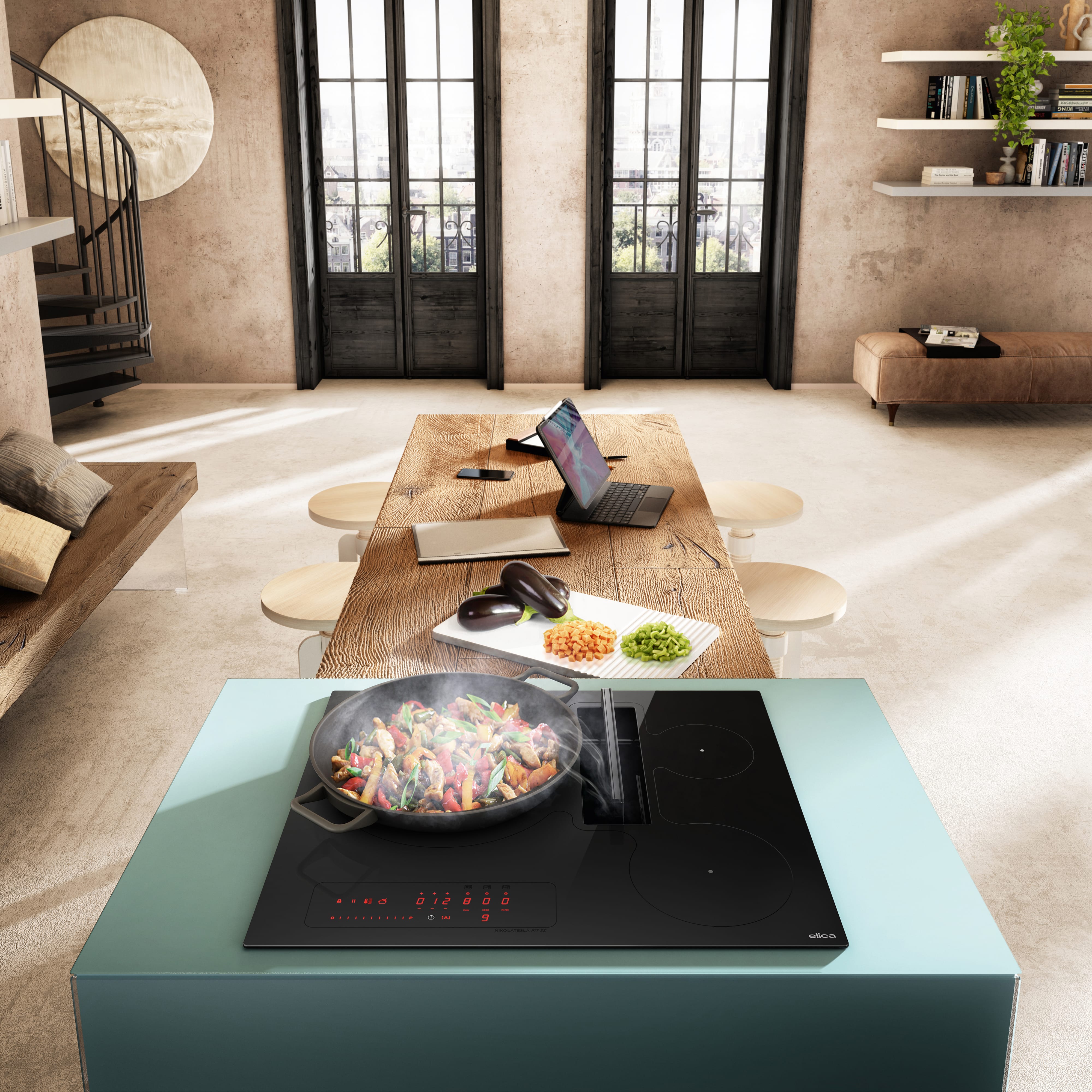 Elica NIKOLATESLA FIT 3Z integrated extractor hob room view for the 60cm induction hob with integrated extractor in black glass.